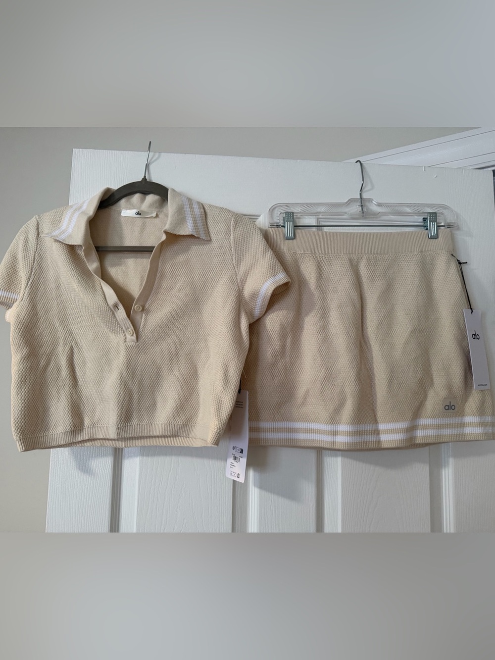 ALO Yoga Sweater Knit Skirt and Cropped Polo Set in Oatmeal - Picture 2 of 2